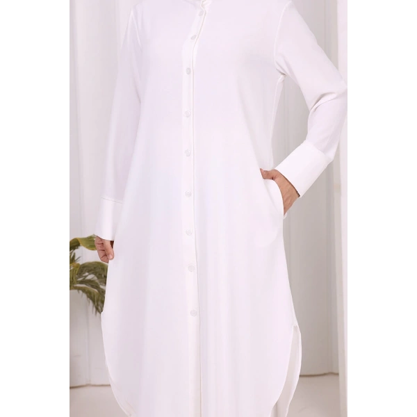 Düğmeli Cepli Tunik ve Pantolon İkili Takım 8682 Ekru