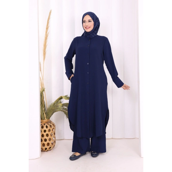 Düğmeli Cepli Tunik ve Pantolon İkili Takım 8682 Lacivert