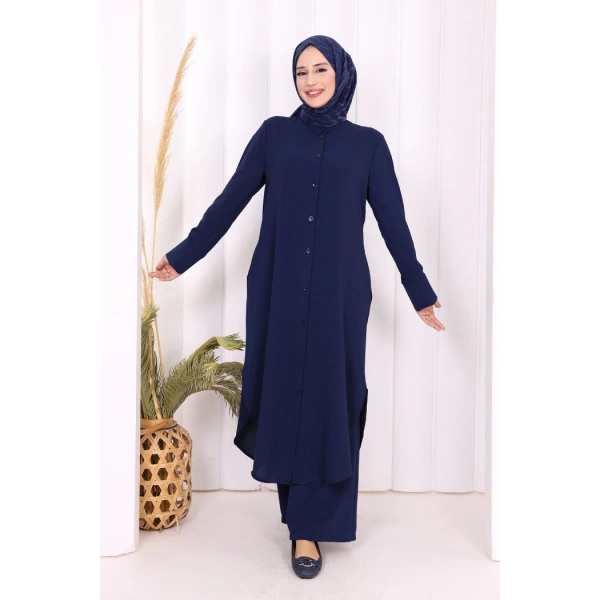 Düğmeli Cepli Tunik ve Pantolon İkili Takım 8682 Lacivert