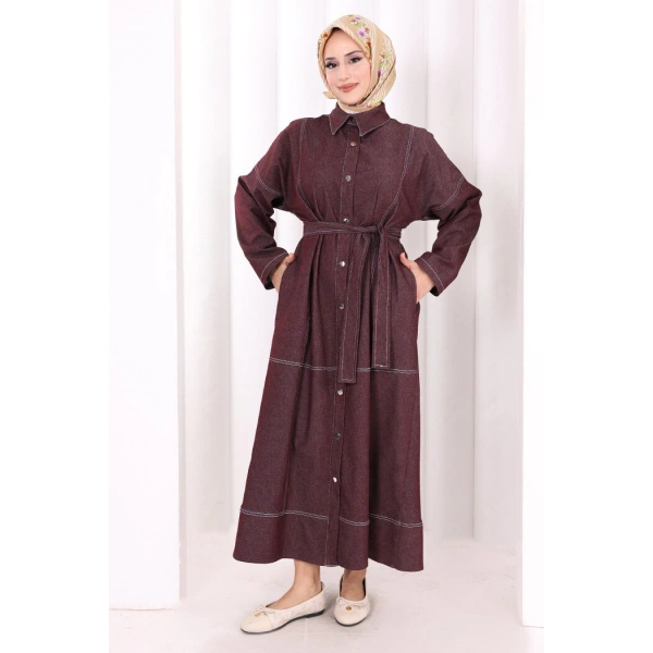 Düğmeli Denim Elbise 7070 Bordo