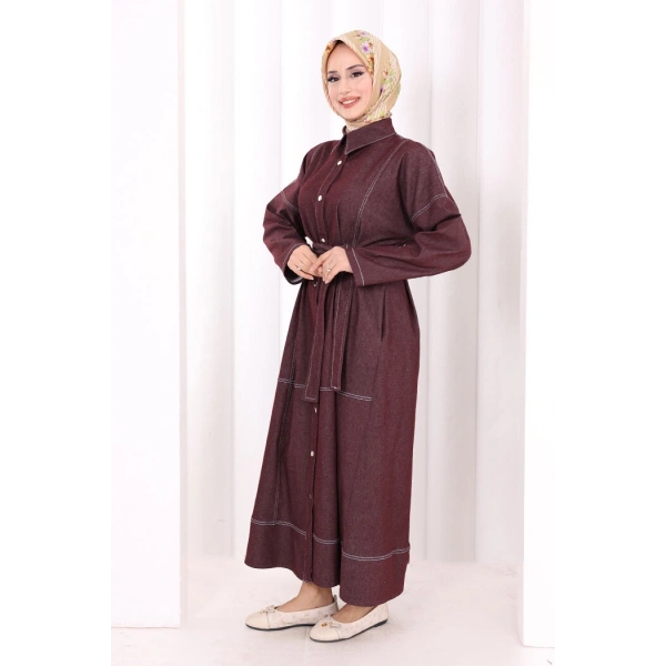 Düğmeli Denim Elbise 7070 Bordo