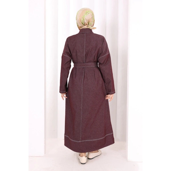 Düğmeli Denim Elbise 7070 Bordo