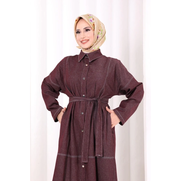 Düğmeli Denim Elbise 7070 Bordo