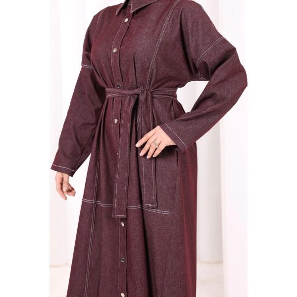 Düğmeli Denim Elbise 7070 Bordo
