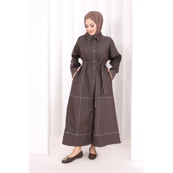 Düğmeli Denim Elbise 7070 Kahverengi