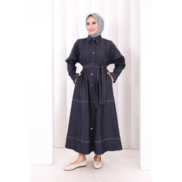 Düğmeli Denim Elbise 7070 Lacivert