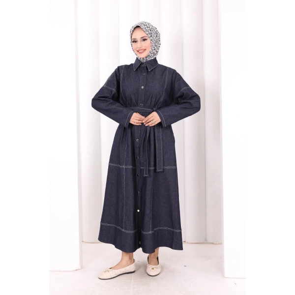 Düğmeli Denim Elbise 7070 Lacivert