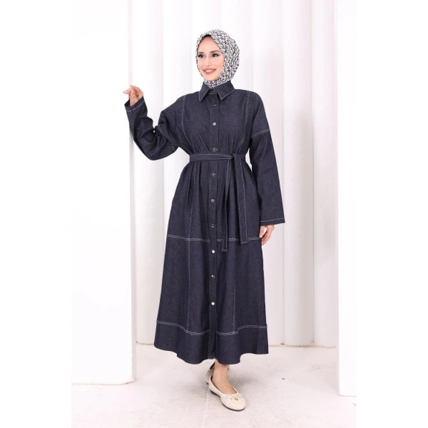 Düğmeli Denim Elbise 7070 Lacivert