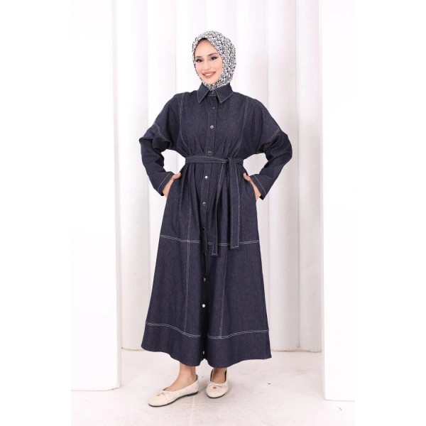 Düğmeli Denim Elbise 7070 Lacivert