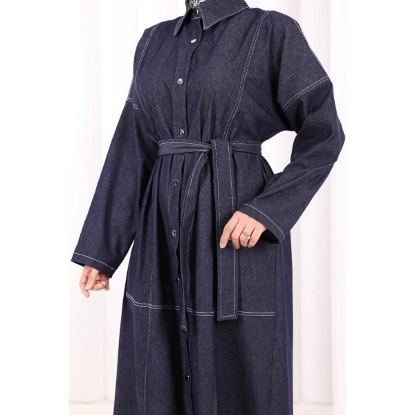 Düğmeli Denim Elbise 7070 Lacivert