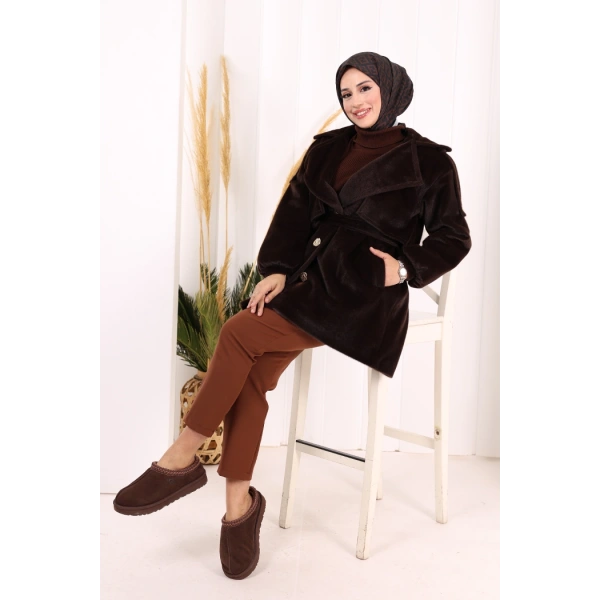 Düğmeli Kaban 70059 Kahverengi
