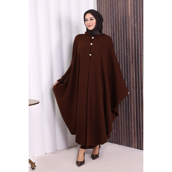 Düğmeli Kapşonlu Triko Panço 18342 Kahverengi