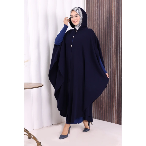 Düğmeli Kapşonlu Triko Panço 18342 Lacivert