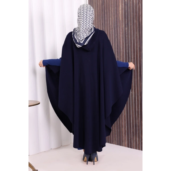Düğmeli Kapşonlu Triko Panço 18342 Lacivert