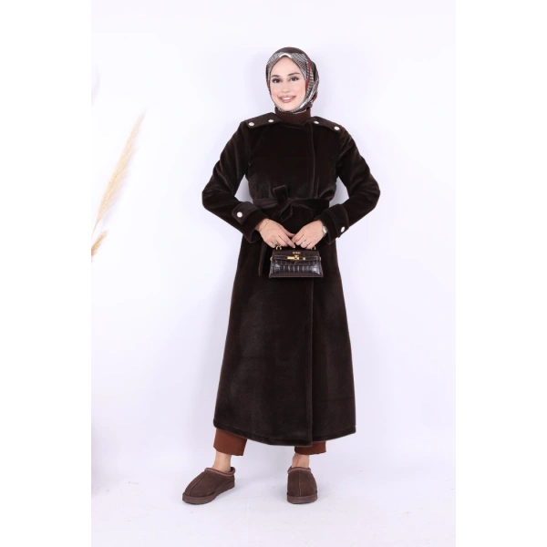 Düğmeli Uzun Kaban 70033 Koyu Kahve