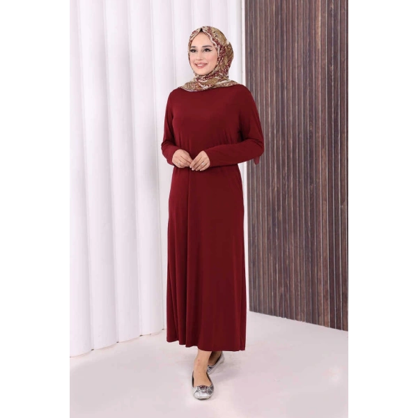 Düz Bisklet Yaka Uzun Kol İç Sandy Elbise 3202 Bordo