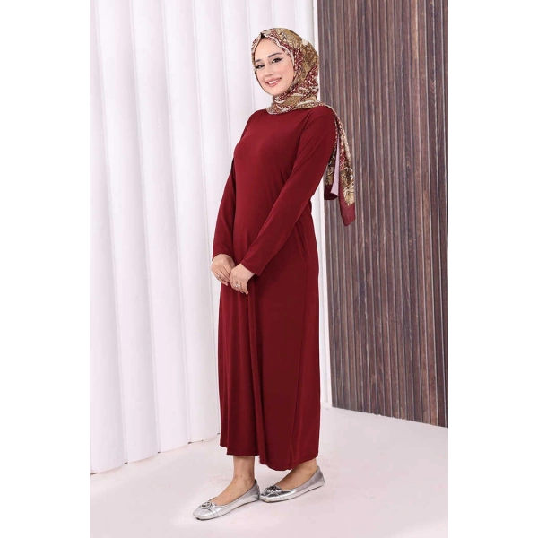 Düz Bisklet Yaka Uzun Kol İç Sandy Elbise 3202 Bordo