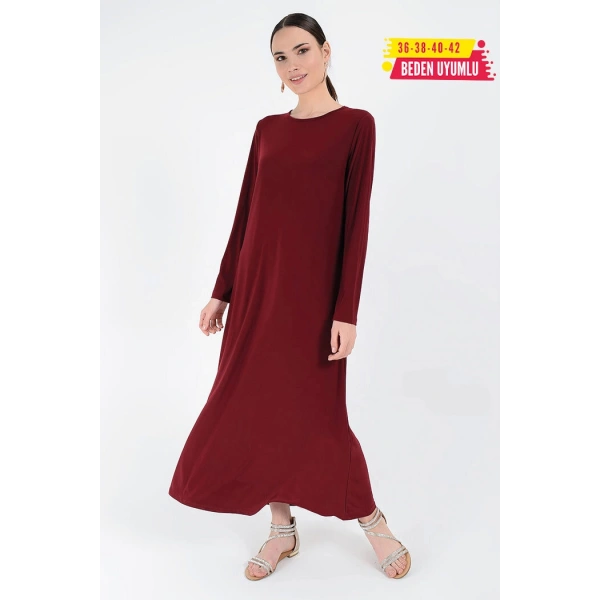 Düz Bisklet Yaka Uzun Kol İç Sandy Elbise 3202 Bordo