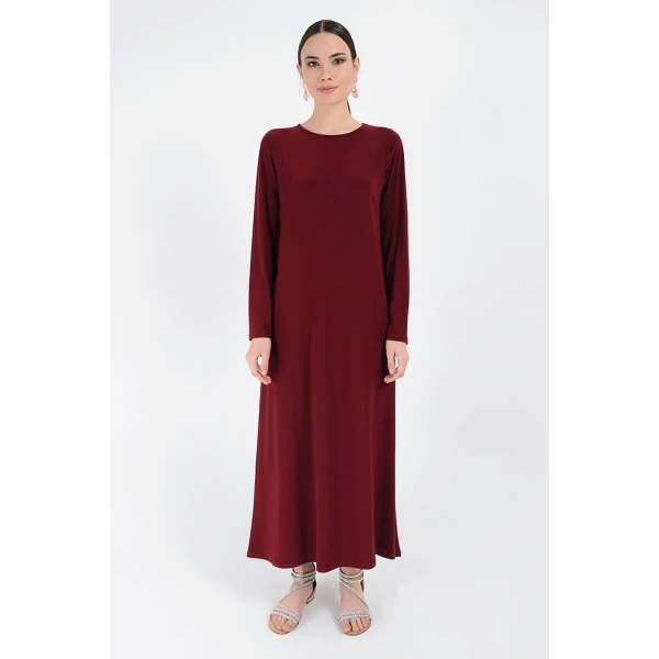 Düz Bisklet Yaka Uzun Kol İç Sandy Elbise 3202 Bordo