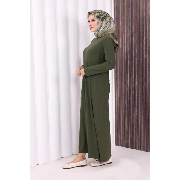Düz Bisklet Yaka Uzun Kol İç Sandy Elbise 3202 Haki