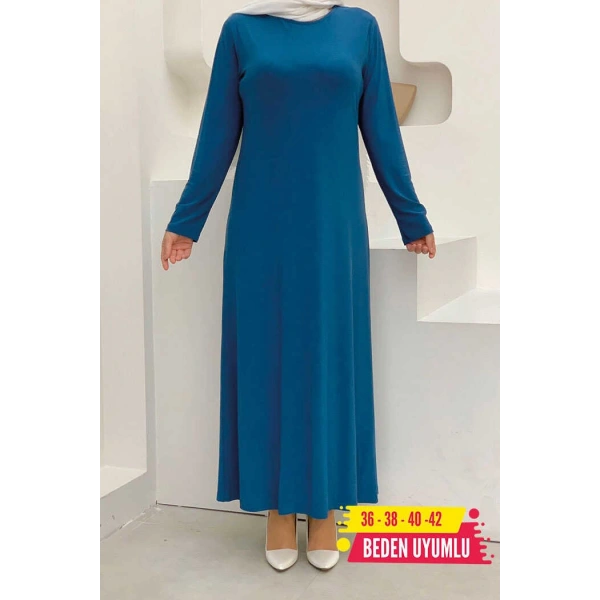 Düz Bisklet Yaka Uzun Kol İç Sandy Elbise 3202 İndigo