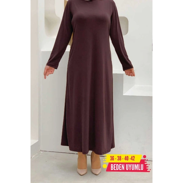 Düz Bisklet Yaka Uzun Kol İç Sandy Elbise 3202 Kahverengi