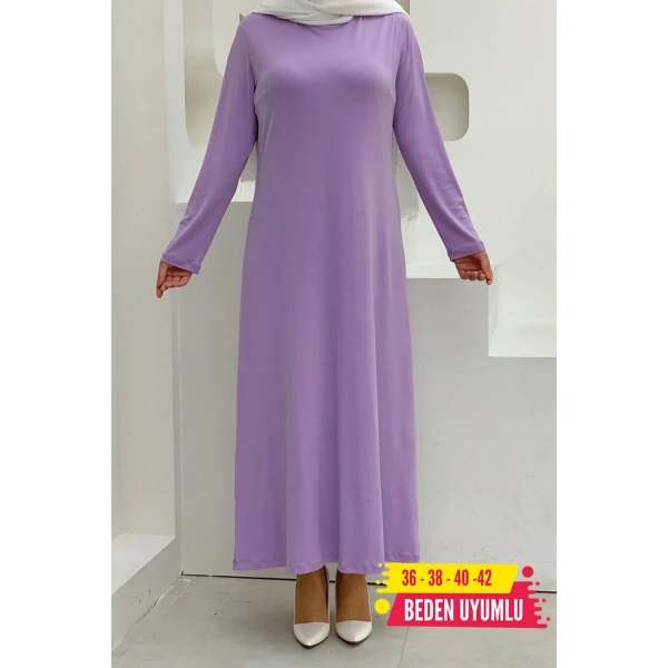 Düz Bisklet Yaka Uzun Kol İç Sandy Elbise 3202 Lila