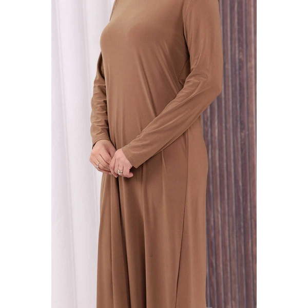 Düz Bisklet Yaka Uzun Kol İç Sandy Elbise 3202 Taba