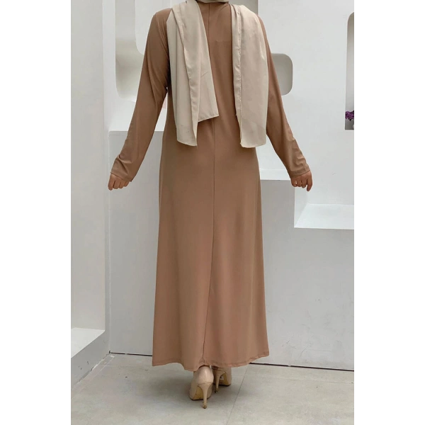 Düz Bisklet Yaka Uzun Kol İç Sandy Elbise 3202 Taba