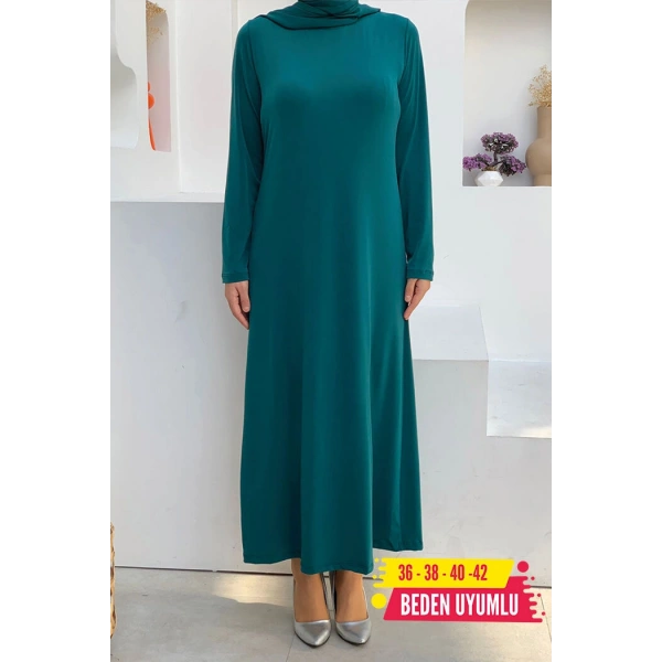 Düz Bisklet Yaka Uzun Kol İç Sandy Elbise 3202 Zümrüt