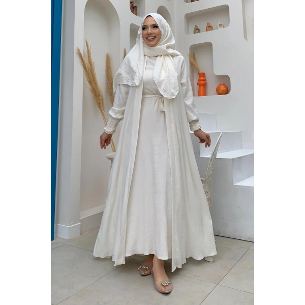 Elbiseli Abaya Takım ŞAL HEDİYE  3883 Ekru