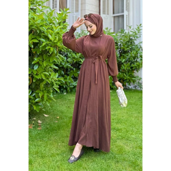 Elbiseli Abaya Takım ŞAL HEDİYE  3883 Kahverengi