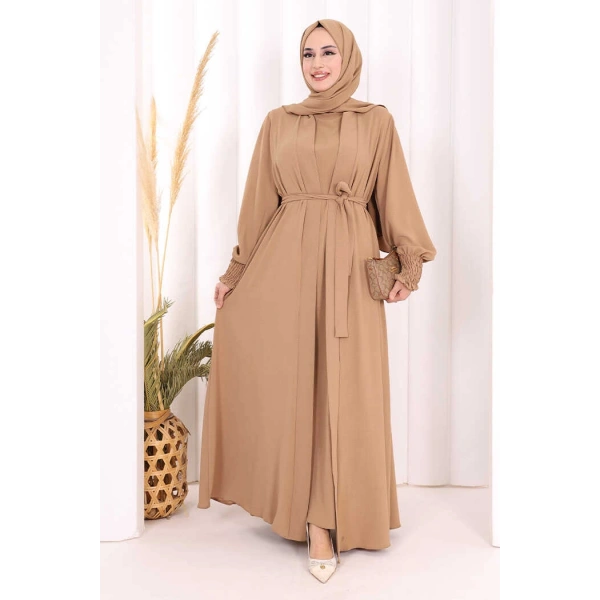 Elbiseli Abaya Takım ŞAL HEDİYE  3883 Vizon