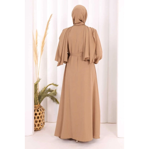 Elbiseli Abaya Takım ŞAL HEDİYE  3883 Vizon