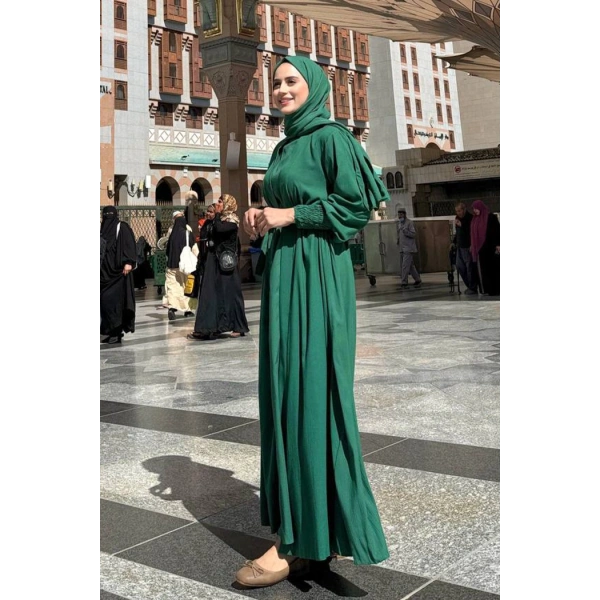 Elbiseli Abaya Takım ŞAL HEDİYE  3883 Zümrüt
