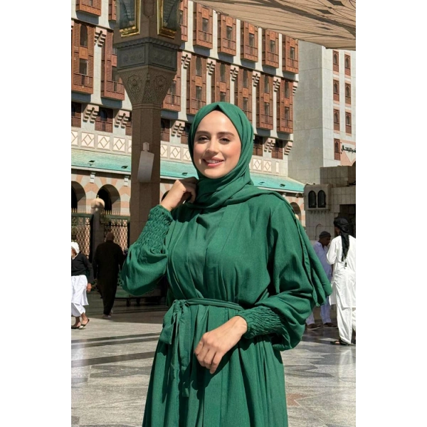Elbiseli Abaya Takım ŞAL HEDİYE  3883 Zümrüt