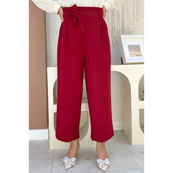 Fermuarlı Bel Bağcıklı Pantolon 0174 Bordo