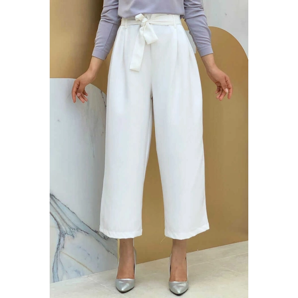 Fermuarlı Bel Bağcıklı Pantolon 0174 Ekru