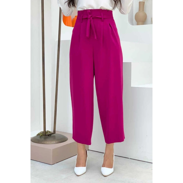 Fermuarlı Bel Bağcıklı Pantolon 0174 Fuşya