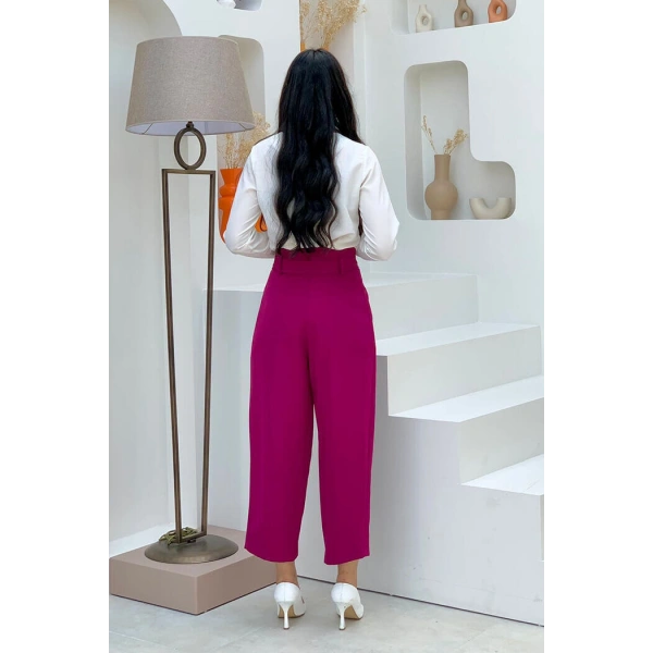 Fermuarlı Bel Bağcıklı Pantolon 0174 Fuşya