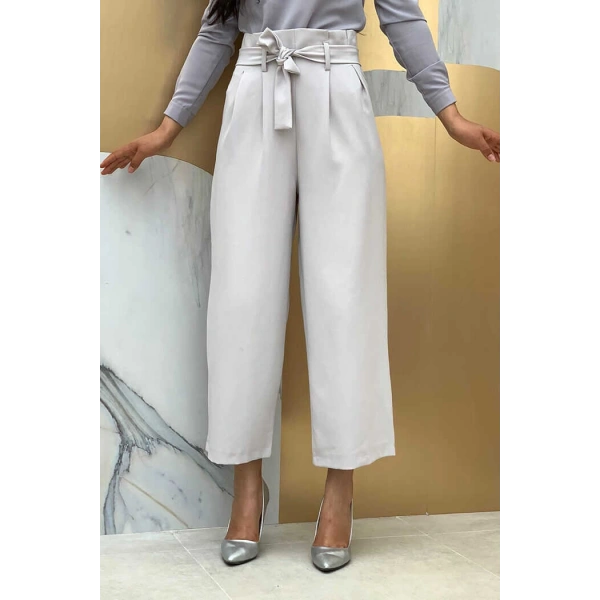 Fermuarlı Bel Bağcıklı Pantolon 0174 Gri