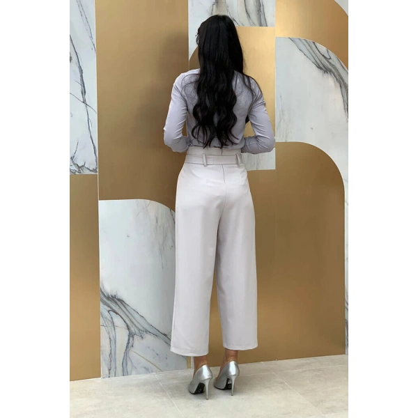Fermuarlı Bel Bağcıklı Pantolon 0174 Gri