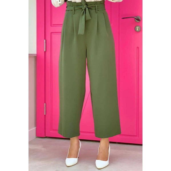 Fermuarlı Bel Bağcıklı Pantolon 0174 Haki