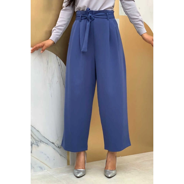 Fermuarlı Bel Bağcıklı Pantolon 0174 İndigo