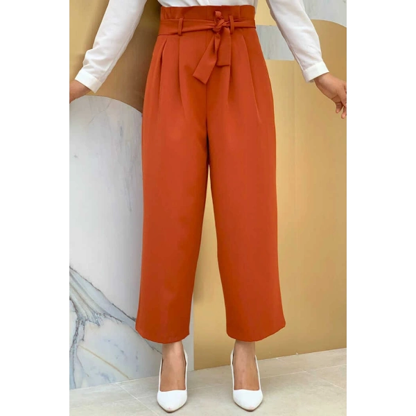 Fermuarlı Bel Bağcıklı Pantolon 0174 Kiremit