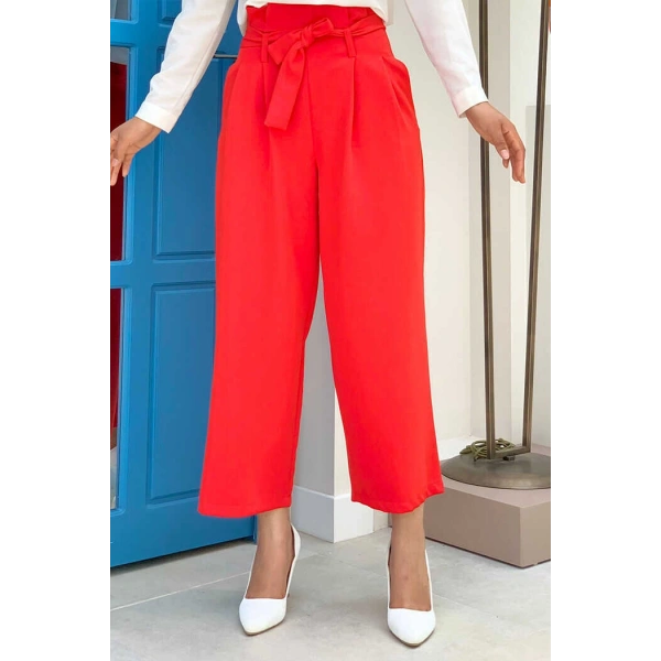 Fermuarlı Bel Bağcıklı Pantolon 0174 Kırmızı