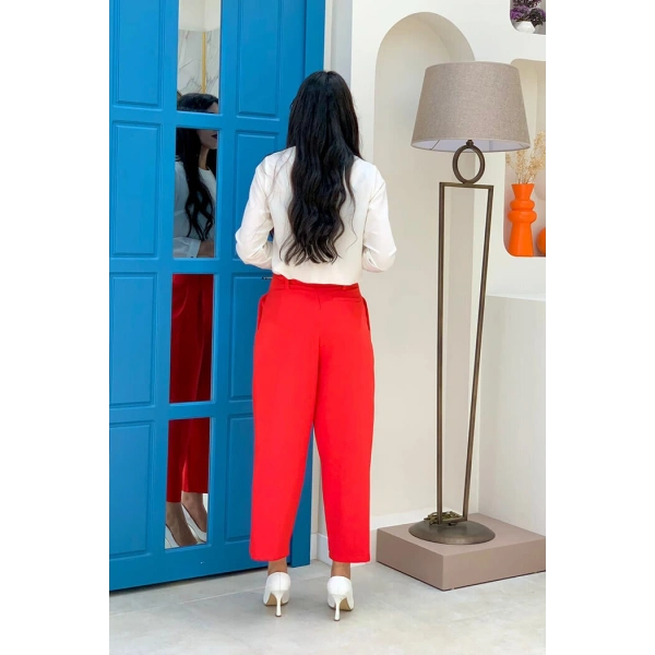 Fermuarlı Bel Bağcıklı Pantolon 0174 Kırmızı