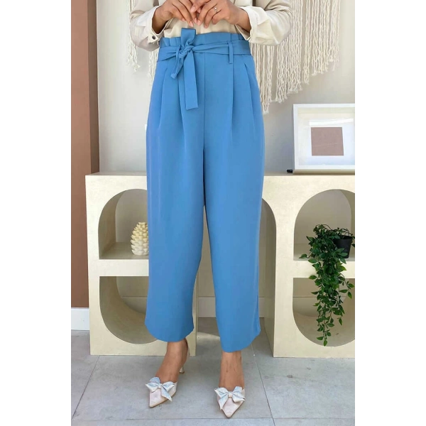 Fermuarlı Bel Bağcıklı Pantolon 0174 Mavi