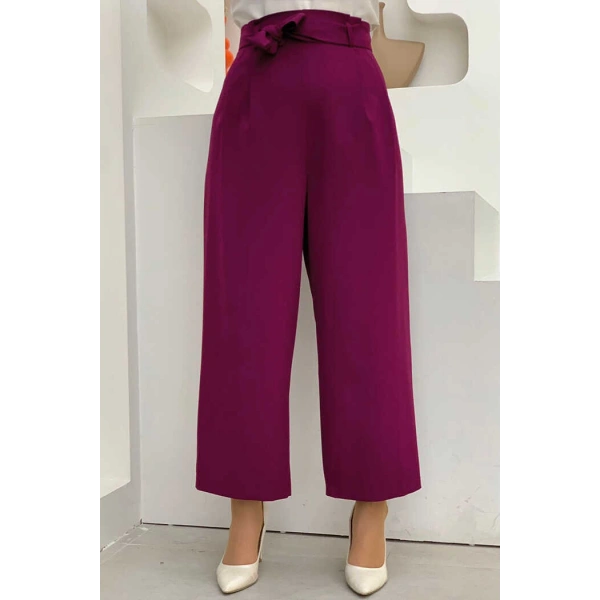 Fermuarlı Bel Bağcıklı Pantolon 0174 Mor