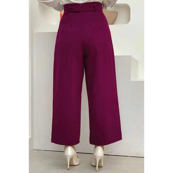 Fermuarlı Bel Bağcıklı Pantolon 0174 Mor